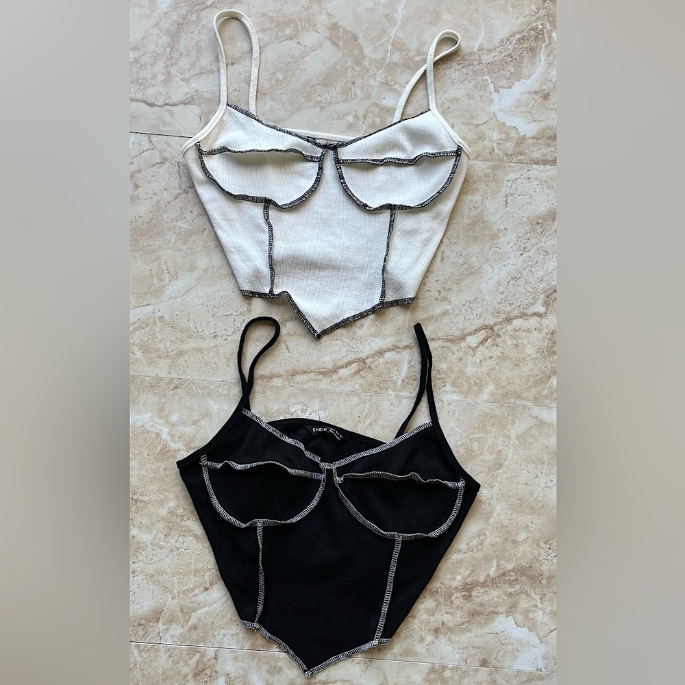 2 Pack Contrast Stitch Crop Cami Top. White and black